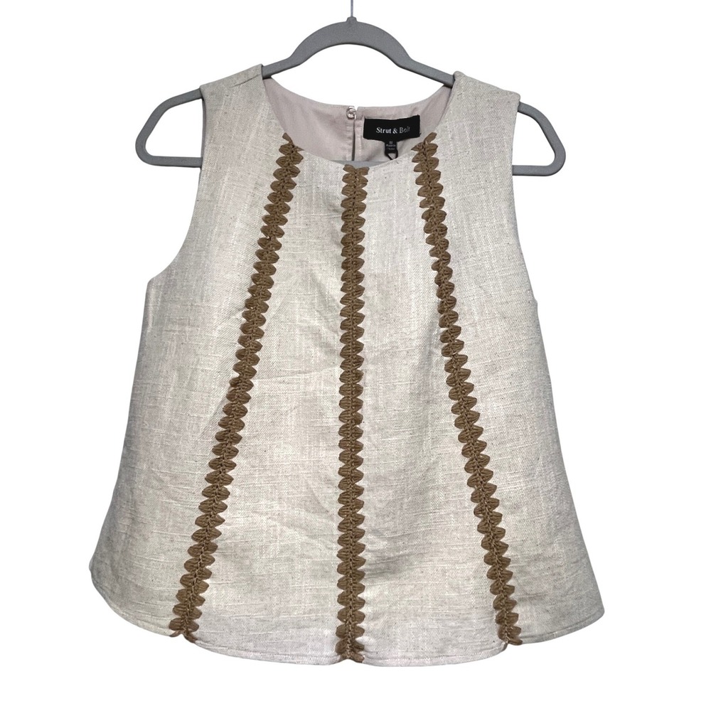 Strut & Bolt Briggs Top Beige Linen Blend Embroidered Sleeveless Blouse M NEW